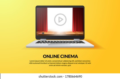 online cinema, video and film streaming with device at home concept. red curtain stage show on the screen of laptop device technology.