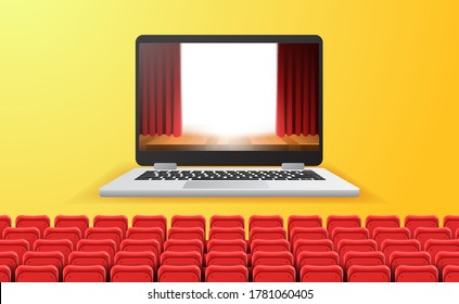 online cinema, video and film streaming with device at home concept. red curtain stage show on the laptop screen with empty red seats. yellow background