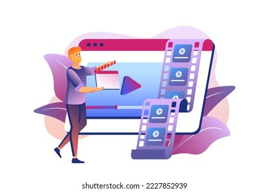 Online cinema violet gradient concept with people scene in the flat cartoon style. Man edit the video to make a cool movie out of it. Vector illustration.