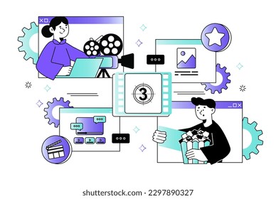 Online cinema waist-height concept with people scene in the flat cartoon style. Young people want to watch online film. Vector illustration.