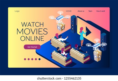 Online Cinema. Watch Movies Online On Smart Phone. Couple On Sofa. Drones Delivery Popcorn. People On Dating.  Movie Theatre At Home. Isometric Flat Illustration On White Background