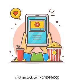 Online cinema. Watching Movies Online on Tablet Vector Icon Illustration. Streaming Movie Theatre with Popcorn and Soda. Flat Cartoon Style Suitable for Web Landing Page, Banner, Flyer, Background