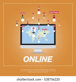 Online city, people communicate in a network. World map on the screen. 
Flat vector illustration EPS 10.