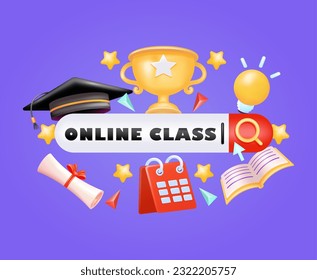 Clase en línea, con elementos vectoriales 3d de sello, trofeo, certificado de calendario, lámpara, estrella y libro. La barra de búsqueda está rodeada de elementos educativos. Perfecto para elementos de educación y diseño