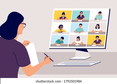 Online class. Concept of remote learning. Teacher with computer. Vector illustration.