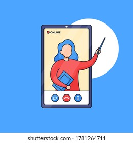 Online Class Digital teaching and learning for modern distant school education vector illustration. Teacher presenting lesson from mobile smartphone screen outline cartoon style flat design.