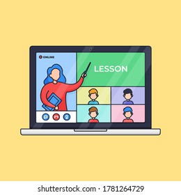 Online Class Distant Education Live Video Call Activity From Laptop Vector Illustration. Teacher With Student Conference With Computer. Outline Cartoon Style Flat Design