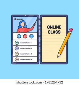 Online Class Distant Education Live Video Call Activity From Smart Phone Vector Illustration. Teacher On Screen With Paper Line Folded Note Book And Pencil Outline Cartoon Style Flat Design