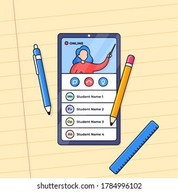 Online Class distant education with smartphone vector illustration. live teaching on mobile screen with pencil, pen and ruler and paper line background. outline cartoon style flat design.