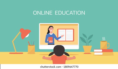 Online Class, Online Education Concept, Distance Learning From Home, Student Girl Connecting To Teacher Via Video Call On Computer, Flat Vector Illustration