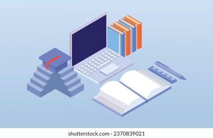 Online Class or E-Learning Concepts Landing Page.on blue background.3D design.isometric vector design Illustration.