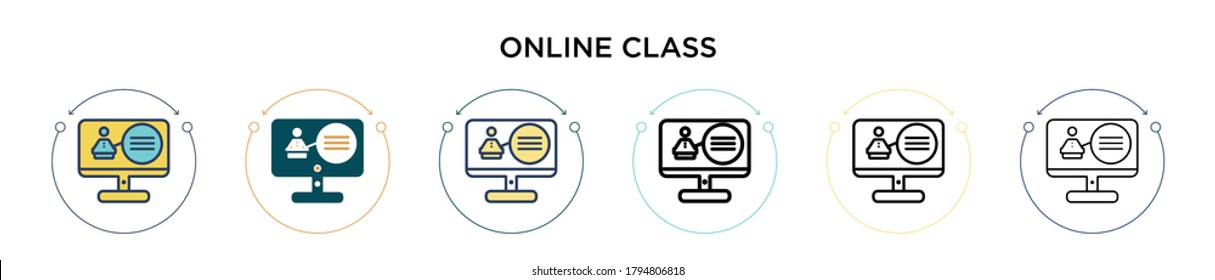 Online class icon in filled, thin line, outline and stroke style. Vector illustration of two colored and black online class vector icons designs can be used for mobile, ui, web