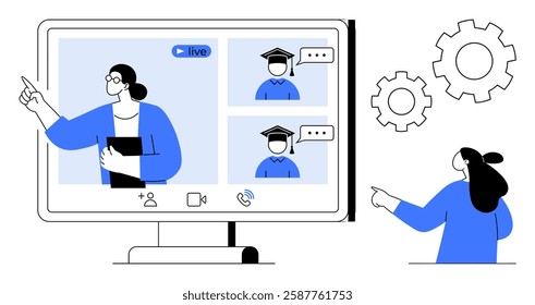 Online class with an instructor pointing at a screen and students in virtual caps interacting. Ideal for online education, virtual meetings, webinars, e-learning, digital classrooms. Modern flat