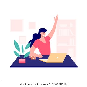 Online Class Meet Vector Concept. Female Young School Teacher, College Tutor Coach Or Student Talking In Classroom. Virtual Teaching Remote Class Online Lesson By Zoom Conference Call On Laptop.