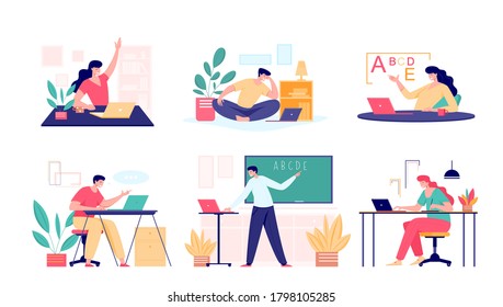 Online class meet vector concept. Male and female school teacher, college tutor coach or student talking in classroom. Virtual teaching remote class online lesson by zoom conference call on laptop.