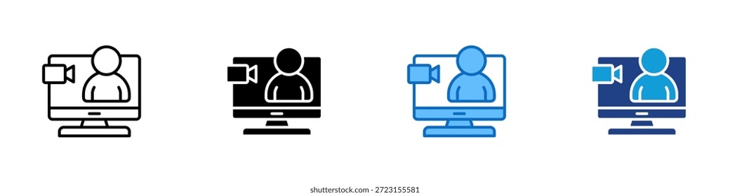 Vetor de design de ícone de vários estilos de aula on-line - professor na tela com câmera representando aprendizagem virtual, ensino em vídeo e educação remota