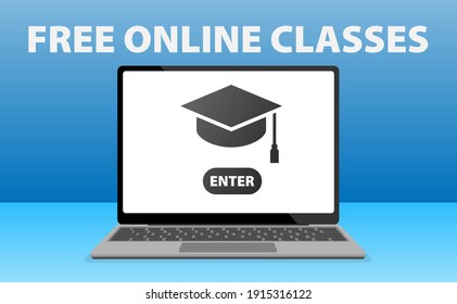 online class on online course icon on laptop computer, e-learning concept vector illustration
