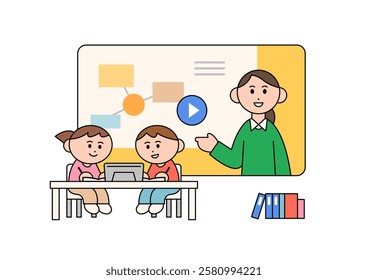 Online class for preschool kids. A girl and a boy are taking online class through tablet device. Cartoon style vector illustration.