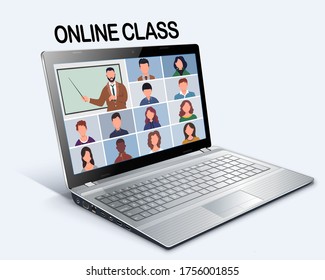 Online Class. Pupils or students studying with computer at home. Stay school learn from home via teleconference. Video conference call on laptop during coronavirus quarantine. Distance education conce