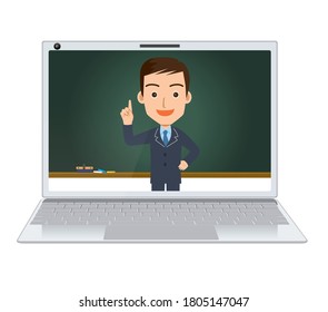 Online class, online school image illustration｜Laptop and blackboard, male teacher in class scene, taking an exam.