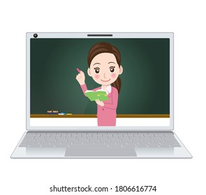 Online class, online school image illustration｜Laptop and blackboard, female teacher in class scene, taking exam.