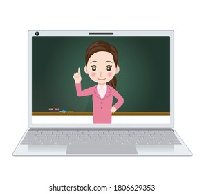 Clase en línea, ilustración de imágenes escolares en línea|Laptop y pizarra, profesora en escena de clase, haciendo examen.