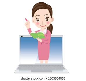 Online class, online school image illustration｜Laptop and a female teacher in class scene, taking an exam.