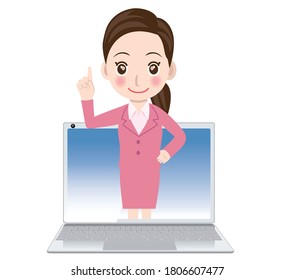 Online-Unterricht, Online-Schulbild|Laptop und eine Lehrerin in der Klassenszene, die eine Prüfung durchführt.