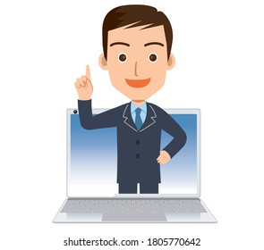 Online class, online school image illustration | Male teacher with laptop computer and class scene, taking exam