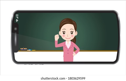 Illustrationen zum Online-Unterricht, Online-Schulbildern | Illustrationen von Lehrerinnen auf Smartphones, Tafeln, Cram Lehrer, Aufnahmeprüfungen.