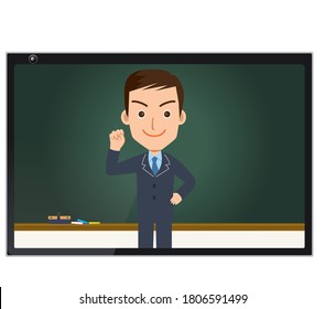 Online class, online school image illustration｜Illustration of a male teacher on a tablet