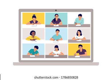 Clase en línea. Aprendizaje escolar, estudio desde el hogar a través de teleconferencia o videollamada web. Escuela de emergencia, examen universitario o elemento del curso. Ilustración vectorial.