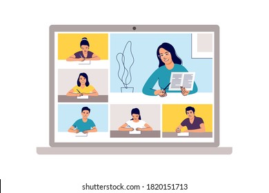 Online class. School learning, study from home teleconference or web video conference call. Emergency school, college test or course element. Vector illustration.