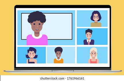 Online class. School lesson study from home via teleconference web video conference call during coronavirus COVID-19 pandemic outbreak closure display screen TV. Display on screen. Emergency shcool.