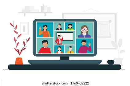 Online Class. Stay School Learn Study from home via Teleconference Web Video Conference Call Outbreak Display on Screen. Emergency School, College Test or Course. Webinar and Online Meeting