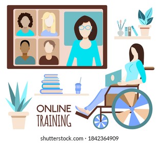 Online Class. Student with a disability. Video call chatting communication concept. Learning for disabled people online. concept of equal opportunities. Vector illustration in a flat style.
