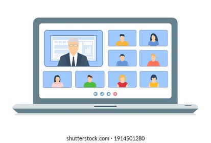 Online class. Students study remotely from home via teleconference. Videoconference on a laptop during the coronavirus quarantine. Distance education. Vector illustration.