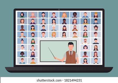 Online Class. Students studying with computer at home. Learn from home via teleconference. Video conference call on laptop during coronavirus quarantine. Distance education concept vector illustration