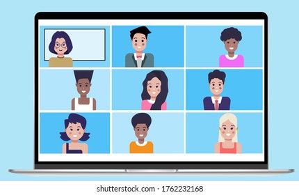 Online class. Study from home school lesson via teleconference, web video conference call during coronavirus COVID-19 pandemic outbreak. Display on screen. Emergency school, college test or course.