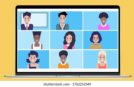 Online class. Study from home school lesson via teleconference, web video conference call during coronavirus COVID-19 pandemic outbreak. Display on screen. Emergency school, college test or course