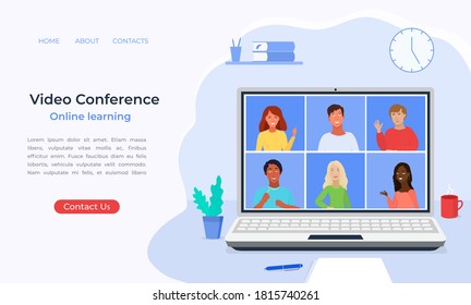 Online-Klasse. Studie von zu Hause über Telekonferenz Web Video Conference Call. Studenten in der Notfallschule, Bildungskurs Vektorlandung Seite Banner.