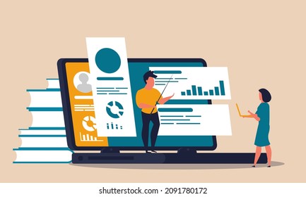 Online class training remotely by smartphone. Social distance and gaining knowledge online vector illustration. Man and woman study online college concept. Students and education from home with books