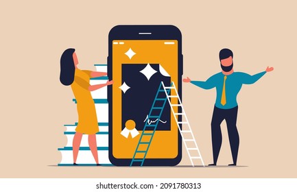 Online class training remotely by smartphone. Social distance and gaining knowledge online vector illustration. Man and woman study online college concept. Students and education from home with books