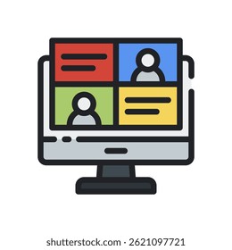 Online Class Vector for Distance Learning and Digital Education – Virtual classroom icon, student laptop design. Filled Line Icon