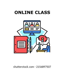 Online Class Vector Icon Concept. Online Class For Connection Pupils With Teacher, Online Studying And Learning Education Lesson. Digital Software For Remote Learn And Teach Color Illustration