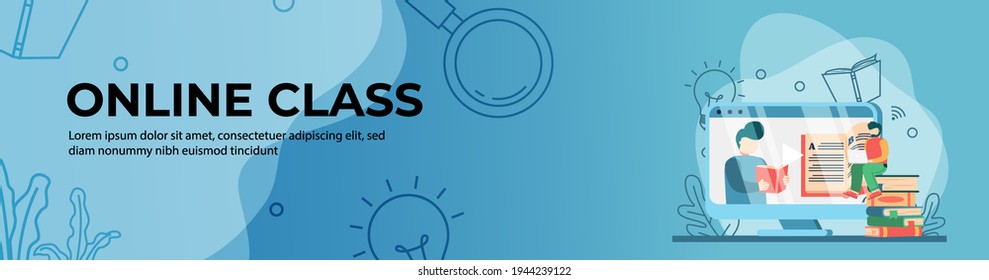 Online Class Web Banner Design. Student watching teacher on monitor. online education, digital classroom. E-Learning concept. header or footer banner.