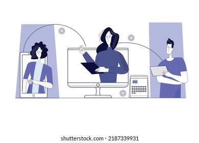 Online class, webinar, virtual meeting with business team cartoon like flat illustration 