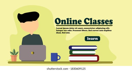 Clases en línea. Personaje sentado frente al portátil. Libros, olla, jarra.