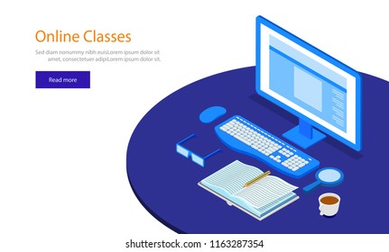 Online classes concept, Isometric desktop with study material on white background, responsive web template design.