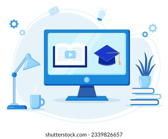 Online classes concept on monitor screen for e-learning course, webinar and online education on desktop, vector flat illustration